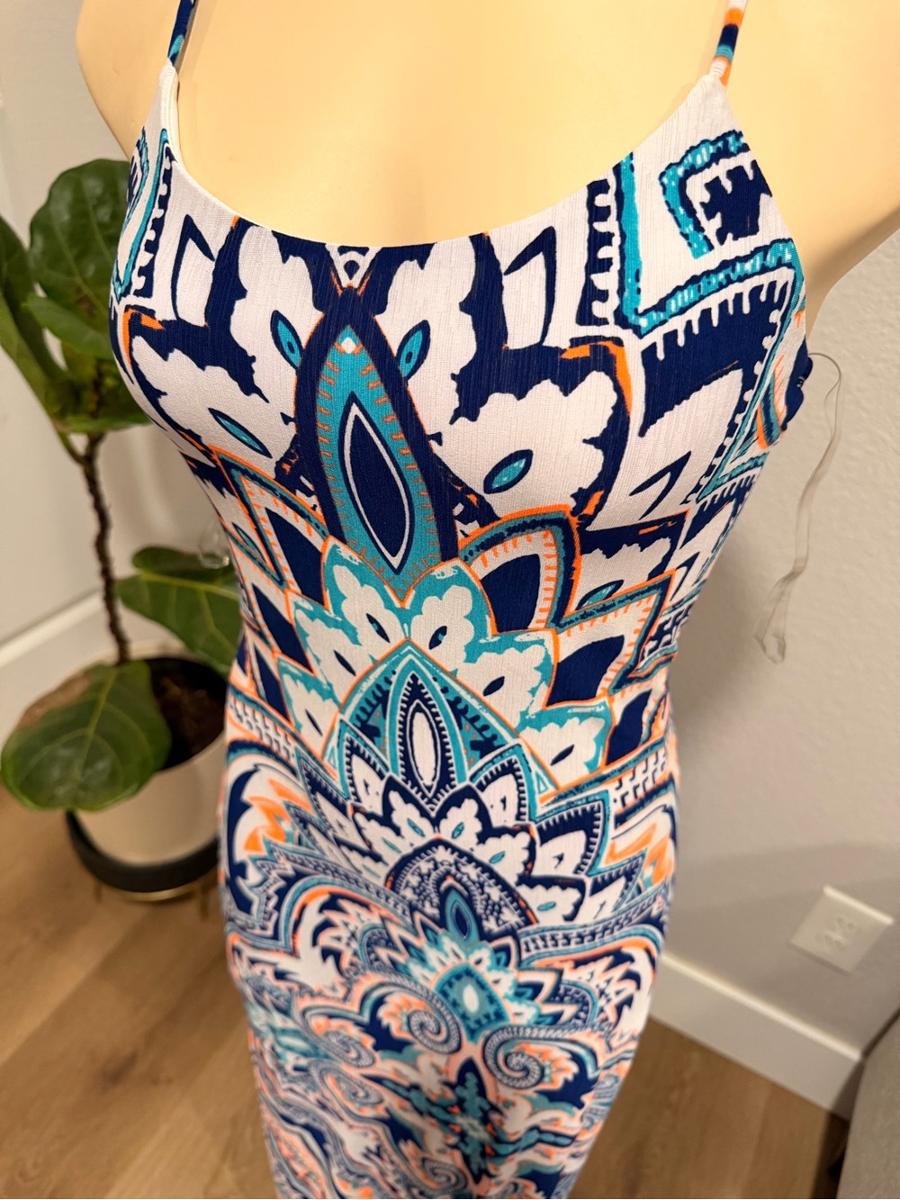 Sleeveless Printed Maxi Dress in Navy, Teal & Orange